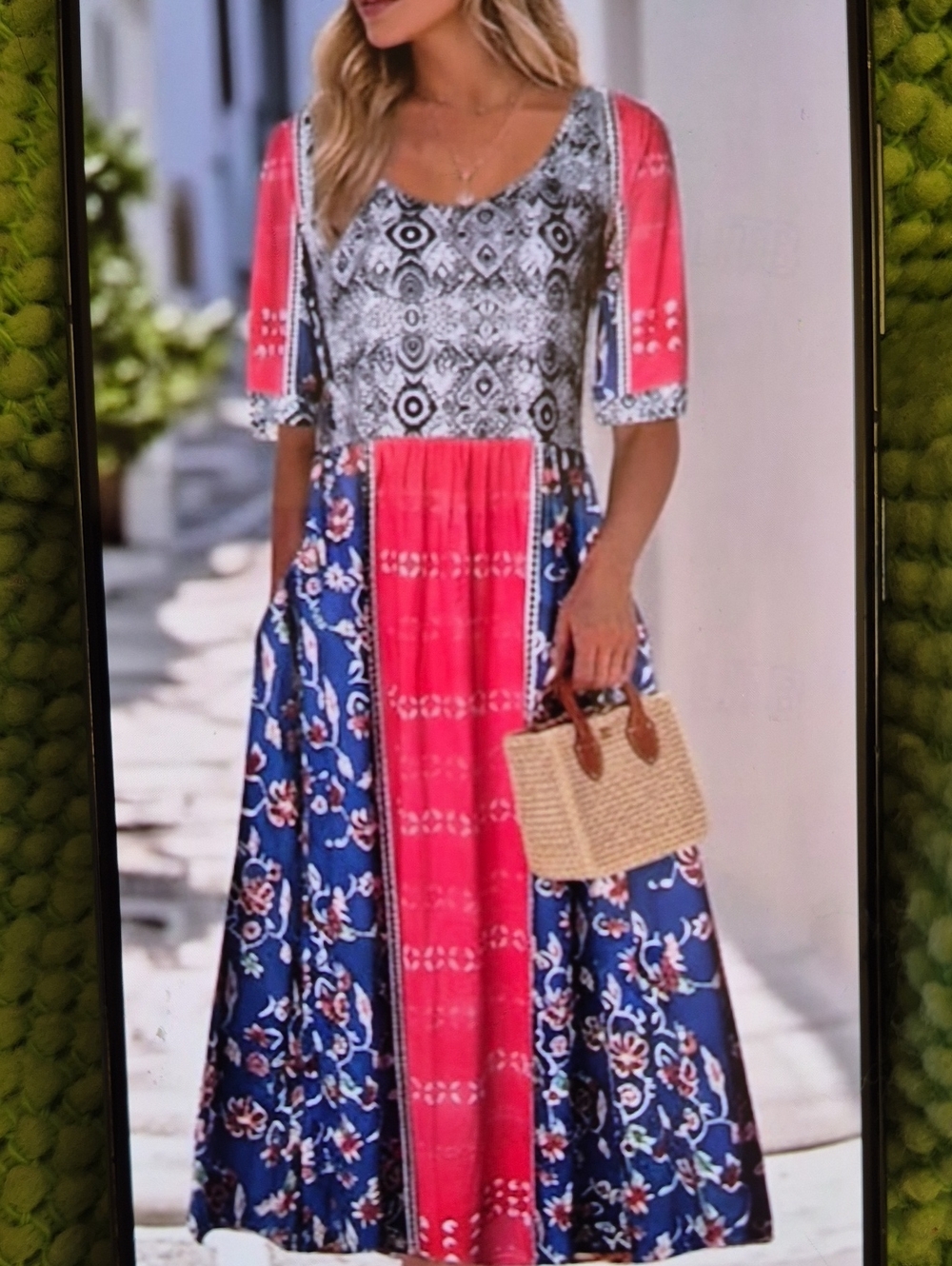 Boho Patchwork Maxi Dress - Light Red, Indigo Blue, & Navy Blue. Size XXL - Picture 1 of 2